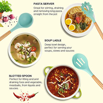 MIBOTE Silicone Cooking Kitchen Utensils Set, Wooden Handle, Teal | BPA-Free, Non-Toxic Silicone Turner, Tongs, Spatula, Spoon Set – Great for Nonstick Cookware, Heat-Resistant, Easy Clean - color: Green