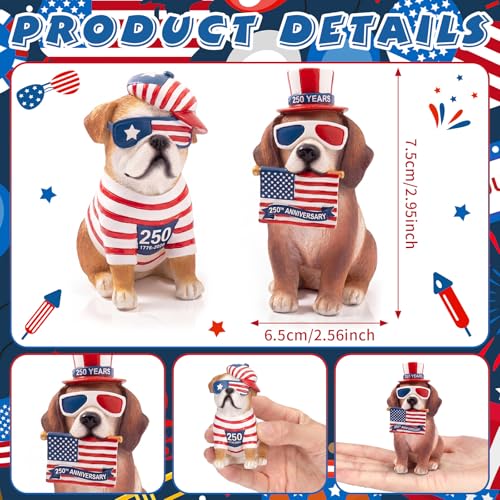 Wesiti 2 Pcs 250th Anniversary Puppy Dog Figurines Decor, 4th of July | Patriotic Stars Stripes Flag Dog Resin Statue, Red White and Blue Decorations, Home Garden Kitchen Office Table - style: Dog