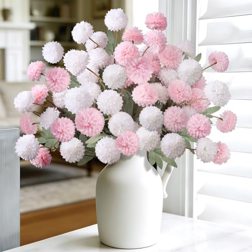 INQCMY Artificial Silk Mums 20" Faux Stem Kiku Flowers for Vase Home Decor | 12 Pcs Fake Chrysanthemums Fall Flower, Realistic Pompon Balls for Indoor Living Room Thanksgiving Table Centerpieces - color: White Pink