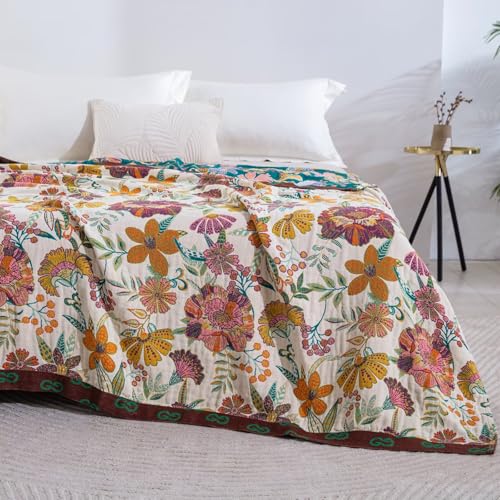100% Cotton Muslin Vibrant Floral Throw Blanket 90''x 98'', Soft Breathable Lightweight Quilt, Reversible Boho Bedspread Coverlet, Fringed Vintage Bed Throw Sofa Couch Cottagecore Rustic Decor - color: Colorful Floral, size: 90"x98"