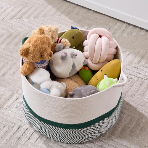 Extra Large Nursery Storage Basket, 20 x 20 x 13.8 inches - 100% Cotton Rope Baskets with Handles, Blanket Basket for Toys, Blankets & Pillows (Green) - color: Green