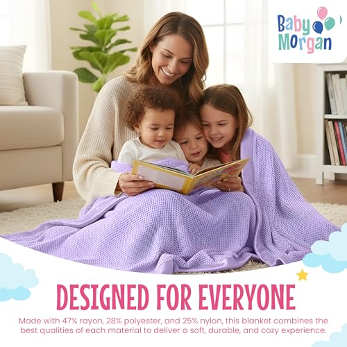 Thermal Waffle Knit Throw Blanket Satin Trim Lavender 50"x60" | Adult throw blanket with soft lightweight waffle knit design, satin trim & breathable layer for couch, bed & living room use. - color: Lavender - Satin Trim