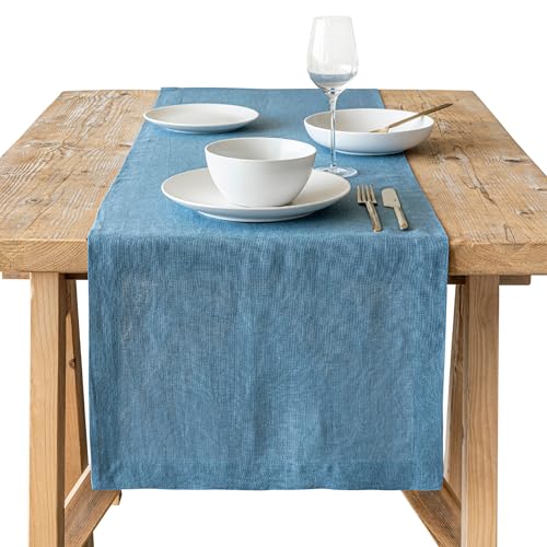 Over&Back 18x90 Washed 100% Linen Table Runner - Washable Table Runners for a Custom Home Decor Tablescape - Perfect for Coffee Table, Dinner Table, Living Room, and More - Blue - color: Blue, size: Runner | 18x90