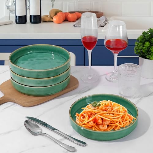 LIANYU 33oz Pasta Bowls, 8.25’’ Wide Shallow Salad Plates Set of 4 | Stoneware Ceramic Dinner Serving Bowls for Cereal, Fruit, Soup, Microwave & Dishwasher Safe, Emerald Green - color: Emerald Green