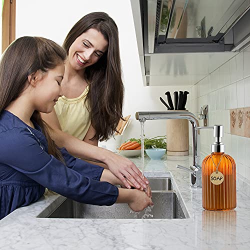 MOCLIF 16 OZ Soap Dispenser，Tempered Glass Clear Vertical Stripe with 304 Rust Proof Stainless Steel Pump Refillable Liquid Hand Soap Dispenser，for Bathroom, Kitchen, Dish Soap，Lotion (Orange) - color: Orange