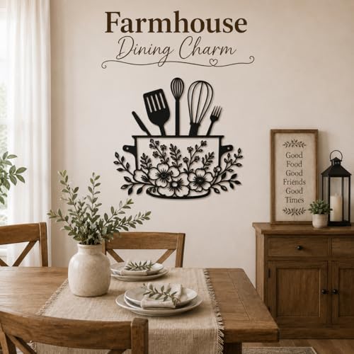 Yoanxong Kitchen Wall Decor Metal Art, Black Farmhouse Kitchen Decor with Floral Utensil Design, Rustic Kitchen Wall Art Hanging Sign for Dining Room, Coffee Bar, Home Decorations