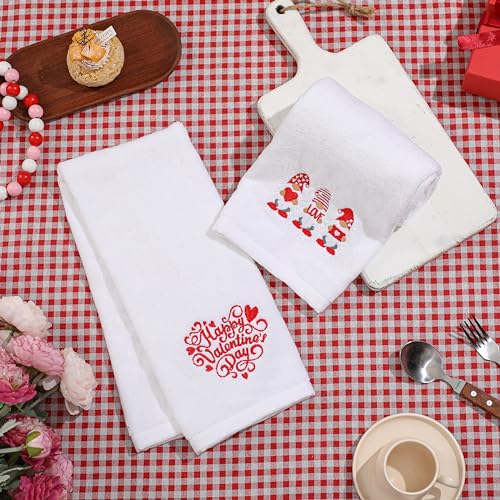 Valentines Day Hand Towels 100% Cotton Embroidered Red Gnome Heart Decorative Bathroom Kitchen Dish Towels Set Gift Set of 2 14x29 inch - color: Va.red Gnome