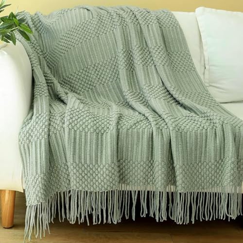 Blagic Knitted Throw Blanket for Couch, Bed and Sofa. Super Soft Blanket with Tassels, Sage Green Throw Blanket, 60 x 80 Inches Lightweight & Cosy Home Decor - color: C-sage Green, size: 60 × 80 in