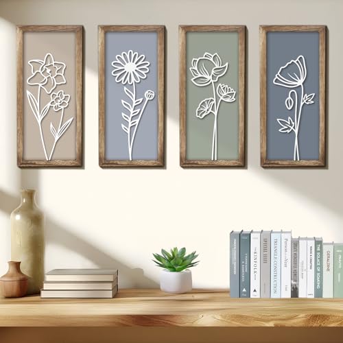 3D Wooden Floral Wall Art, 4 Pcs 7 x 16 Inch Flower Wood Carving Framed Bathroom Wall Decor for Living Room Bedroom Office, Rustic Farmhouse Boho Botanical Hangings