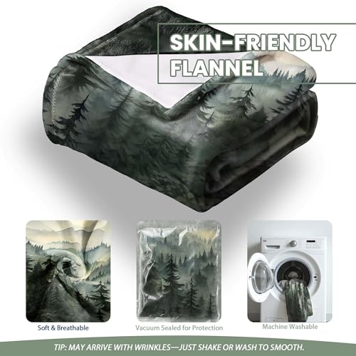 Sage Green Forest Twin Blanket, 60x80 in | for Nature Mountain, Cabin Tree Flannel Blankets, for Couch Bed Living Room Sofa, Decorative Patterned, Super Soft Cozy - size: 60"W x 80"L