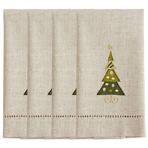 Saro Lifestyle Embroidered and Hemstitched Christmas Tree Guest Towel (Set of 4), Natural, 14"x22" - color: Christmas Tree 2