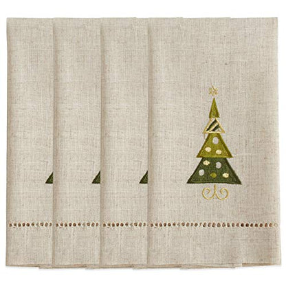 Saro Lifestyle Embroidered and Hemstitched Christmas Tree Guest Towel (Set of 4), Natural, 14"x22" - color: Christmas Tree 2