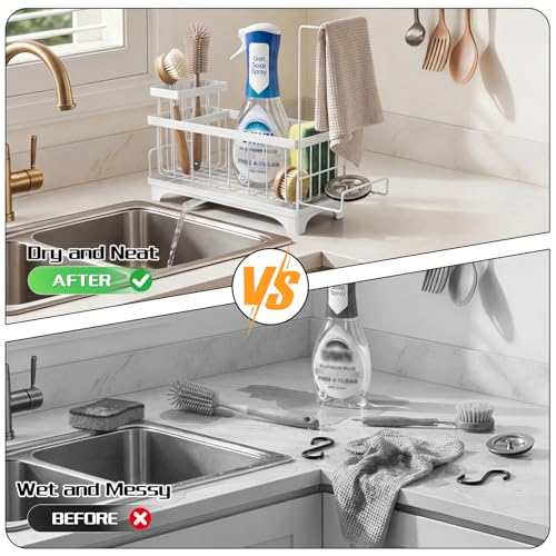 VOOWO Sponge Holder for Kitchen Sink, Compact Sink Caddy with Brush Holder | 304 Rustproof Stainless Steel Dish Soap Holder, Small Kitchen Sink Organizer, Self-Draining Dish Wand Holder with Towel Rack - color: White