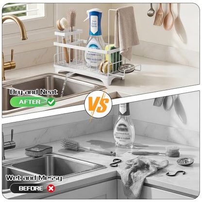 VOOWO Sponge Holder for Kitchen Sink, Compact Sink Caddy with Brush Holder | 304 Rustproof Stainless Steel Dish Soap Holder, Small Kitchen Sink Organizer, Self-Draining Dish Wand Holder with Towel Rack - color: White