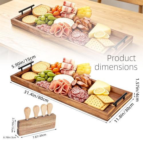 32" Extra Large Foldable Acacia Wood Charcuterie Board with Handles, Oversized Ottoman Tray with 4 Cheese Knives & Knife Holder, Folding Wooden Serving Tray for Cheese, Meat, Fruit, Bread, Kitchen