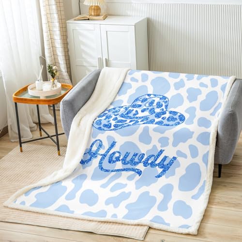 Castle Fairy Western Cowgirl Throw Blanket,Cartoon Blue White Cow Fur Print Fleece Blanket Kids Girls Boys Adult Room Decor,Southwest Cowboy Blankets Fashion Glitter Cowhide Sherpa Blanket,40"×50" - color: Cowgirl 02, size: 40"×50"