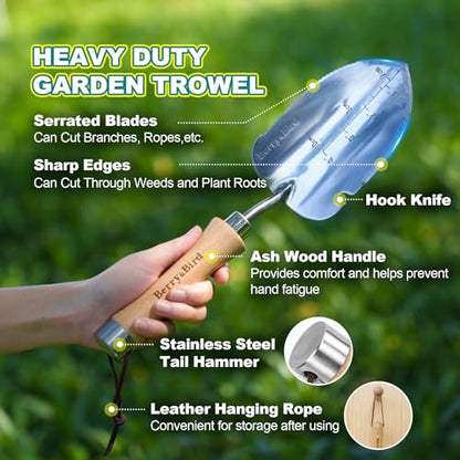 Berry&Bird Weeding Trowel, Multi- Use Hand Shovel with Serrated Blade Stainless Steel Garden Trowel Plus Size Potting Trowel with Wooden Handle for Transplanting, Digging, Measuring, Cutting Roots - color: Weeding Trowel