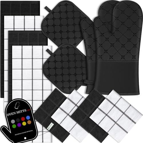 Oven Mitts Kitchen Towels Dishcloths with Pot Holders Sets 12PCS, Dish Towels Sets, Oven Gloves Pot Pads Heat Resistant 500 Degrees with Non-Slip Silicone Surface for Cooking Baking Grilling Black - color: Black
