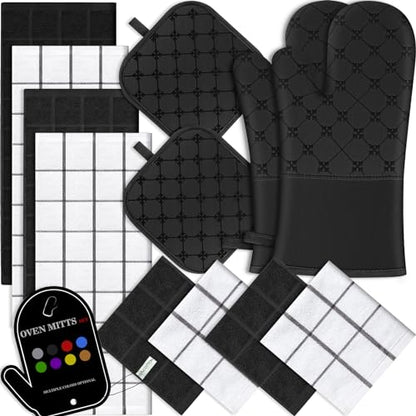 Oven Mitts Kitchen Towels Dishcloths with Pot Holders Sets 12PCS, Dish Towels Sets, Oven Gloves Pot Pads Heat Resistant 500 Degrees with Non-Slip Silicone Surface for Cooking Baking Grilling Black - color: Black
