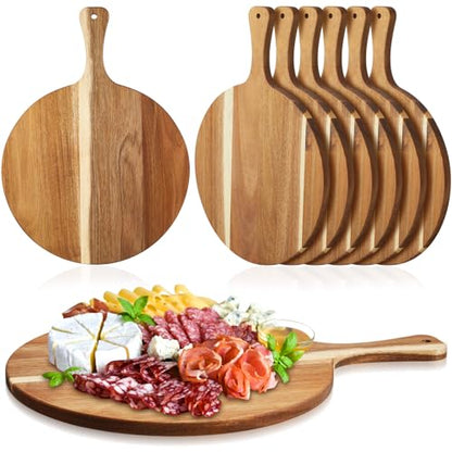 Sliner 6 Pcs Acacia Wood Round Cutting Board Pizza Paddle,12 X 16 Inch | 0.6" Thick Wood Boards with Handle, Charcuterie Serving for Cheese Meat Fruit Party, Chopping Paddle Kitchen Bulk Gift - size: 12 x 16 Inch