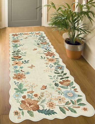 Lahome Floral Kitchen Runner Rug, 2X6 Rug Runners for Hallways Non Slip | Ultra-Thin Soft Non Slip Washable Runner Low-Pile Stain Resistant Boho Carpet for Bedroom Flore (2x6ft, Beige) - color: Beige, size: 2' x 6'(Runner)