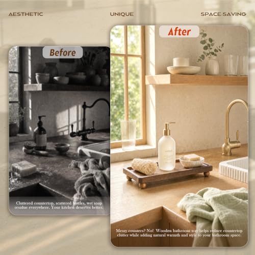 Acacia Wood Rustic Bathroom Tray for Kitchen Counter, Sink, Vanity, Brown | Acacia Wood, Raised ball feet, Rounded edge, Water-resistant finish, Wooden soap dish tray, Bathroom & kitchen organizer - color: Acacia Wood