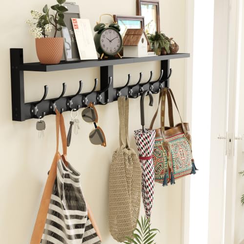 AMBIRD 34.2" Extra Long Wooden Wall Hook Rack with Shelf - Versatile and Decorative Wall-Mounted Storage with 10 Hooks for Coats, Hats, Keys - Ideal for Entryways, Bedrooms, Closets (Stylish Black) - size: 34.2 inch, style: Stylish