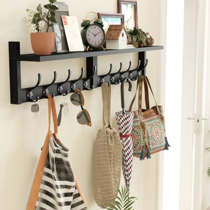 AMBIRD 34.2" Extra Long Wooden Wall Hook Rack with Shelf - Versatile and Decorative Wall-Mounted Storage with 10 Hooks for Coats, Hats, Keys - Ideal for Entryways, Bedrooms, Closets (Stylish Black) - size: 34.2 inch, style: Stylish