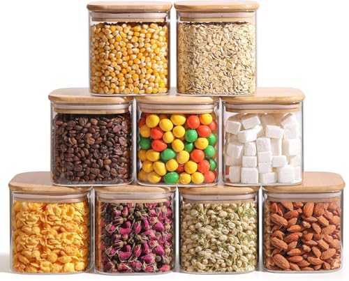 ComSaf Square Glass Containers with Lids 0.7 Qt, Set of 9 Small Galss Jars | Small Kitchen Canisters, Spice Jar, Pantry Organizers, Family Snack Station, Size For Subpackage, BPA Free, Cookie, Dry Food - size: 0.7Qt*9