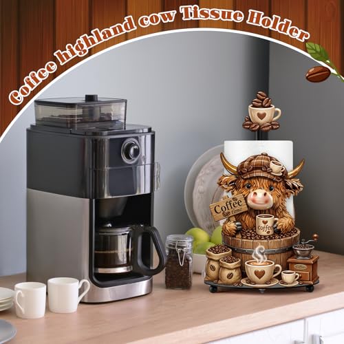 Coffee Highland Cow Paper Towel Holder Coffees Kitchen Decor Farmhouse Metal Highland Cow Coffee Bar Accessories Stand with Round Base for Home Bathroom Countertop Toilet Caffee Lover Gifts - style: Coffee