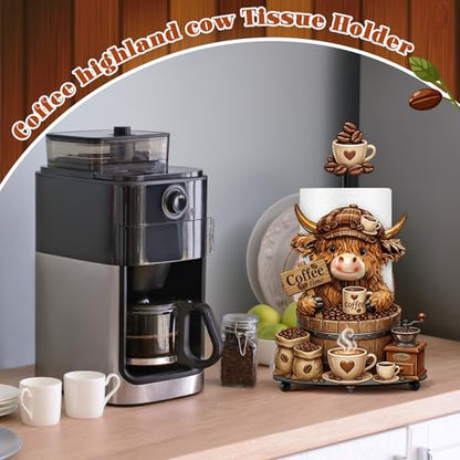 Coffee Highland Cow Paper Towel Holder Coffees Kitchen Decor Farmhouse Metal Highland Cow Coffee Bar Accessories Stand with Round Base for Home Bathroom Countertop Toilet Caffee Lover Gifts - style: Coffee