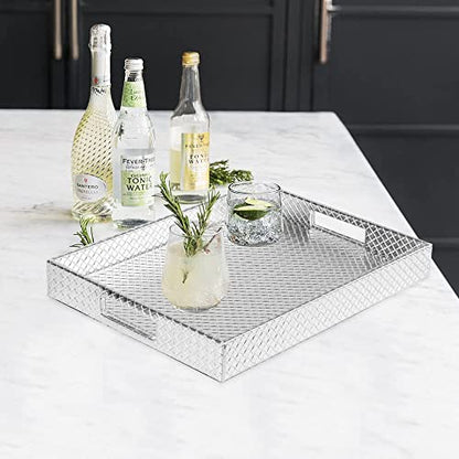 HofferRuffer Rectangle Serving Tray with Hole Handles for Coffee Table, Breakfast, Tea, Food, Butler - Countertop, Kitchen, Vanity Serve Tray, 16.2 x 12.2 x 2 inches, Faux Leather (Silver) - color: Silver