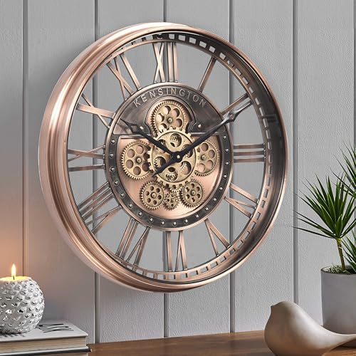 21" Metal Roman Numeral Wall Clock with Moving Gears,Copper | SIilent Non Ticking, Aluminum Dial, Unique Modern Wall Clock for Living Room, Dinning Room, Entryway & Home Office - color: Roman Copper, size: 21"
