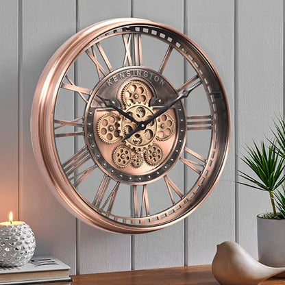 21" Metal Roman Numeral Wall Clock with Moving Gears,Copper | SIilent Non Ticking, Aluminum Dial, Unique Modern Wall Clock for Living Room, Dinning Room, Entryway & Home Office - color: Roman Copper, size: 21"
