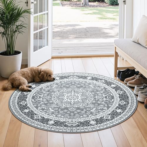 4FT Washable Round Area Rugs for Living Room, Non Slip Circle Rugs | Low Pile Vintage Carpets for Entyway Bedroom Dining Room, Nursery, Home Office, Kid Pet Friendly, Fit All Vacuums, Grey White - color: Grey White, size: 4' (Round)