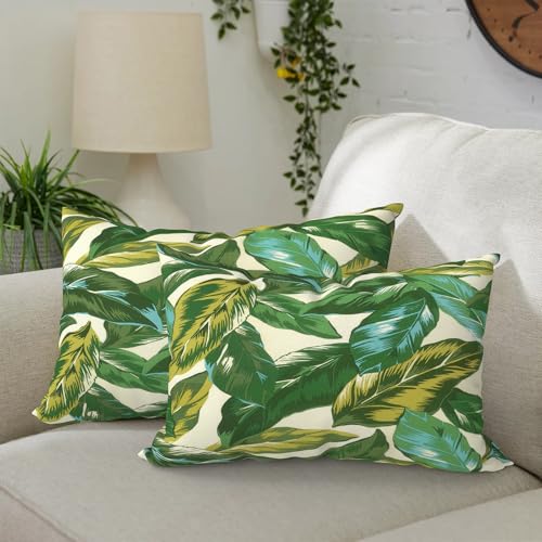 DYTXIII Pack of 2 Waterproof Outdoor Lumbar Pillow with Inserts, 12x20 in Rectangle Decorative Patio Throw Pillow for Home, Sofa,Bench and Patio Furniture, Lush Leaf Jungle - color: Lush Leaf Jungle, size: 12x20 Inch (With Inserts)