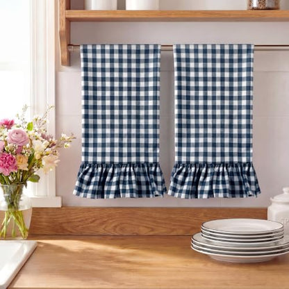 HunnmingRe Navy Blue Kitchen Towels Set of 2, 100% Cotton Ruffled Gingham Dish Towels 18"x28" Absorbent Tea Cloths Classic Plaid Pattern for Farmhouse Charm, Drying Dishes, Entertaining Guests - color: Navy Blue, style: Gingham