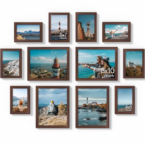 Vittanly 12 Pack Picture Frames Collage Wall Decor, Light Brown | Gallery Wall Frame Set: 4pcs 8x10, 4pcs 5x7 & 4pcs 4x6 Photos for Wall & Table, Picture Frames made of Engineered Wood - color: Light Brown