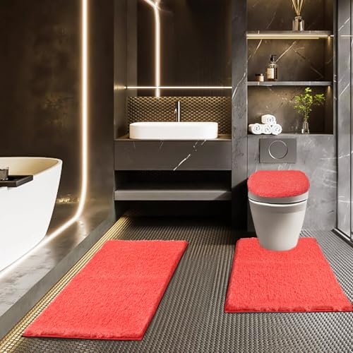 Bathroom Rugs Sets 3 Piece with Toilet Seat Cover 17.5"x 15" | Machine Washable Bath Rug Set with Tpr Non Slip Rubber Backing Solid Bath Mat Set for Luxury Bathroom Decoration - color: Hot Coral, size: 17.5" x 15"+ 32" x 20"+ U 24" x 20"