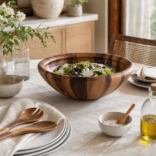 Arthur Court Acacia Wood Salad Bowl - Modern Wavy Design for Fruits and Salads - 6" Tall, 16" Diameter - size: Salinas