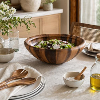 Arthur Court Acacia Wood Salad Bowl - Modern Wavy Design for Fruits and Salads - 6" Tall, 16" Diameter - size: Salinas