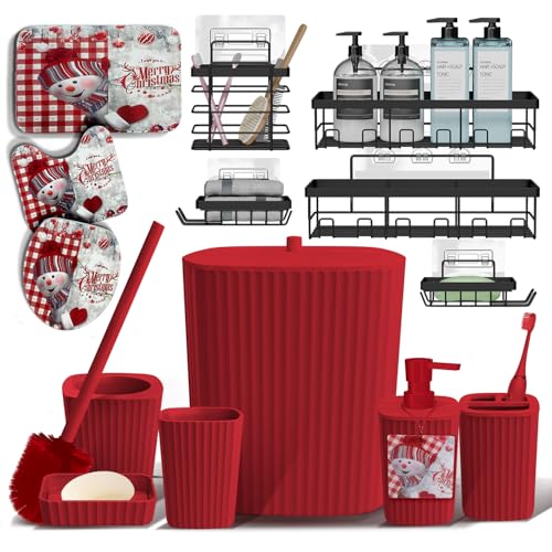 Clara Clark Bathroom Set - Christmas Bathroom Accessories Set, 14PC Bathroom Accessory Set, Christmas Bathroom Sets with Bathroom Rugs, Adhesive Corner Shower Caddy Hanging, Toilet Brush & Trash Can - color: Christmas, size: Complete Set + Bath Rugs + Sho