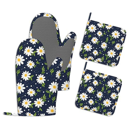 Heat Resistant Pot Holders and Oven Mitts,Daisy Flower Extra Long Kitchen Oven Mitt Set,Navy Blue Cotton Lining Anti-Slip Waterproof Kitchen Mittens Hot Pan Holder for Baking Cooking Grilling - color: Daisy Flower