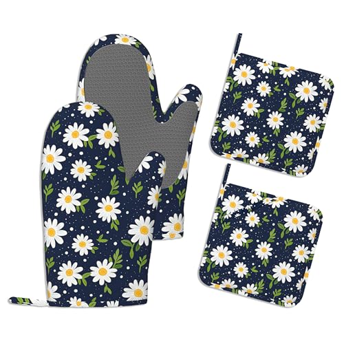 Heat Resistant Pot Holders and Oven Mitts,Daisy Flower Extra Long Kitchen Oven Mitt Set,Navy Blue Cotton Lining Anti-Slip Waterproof Kitchen Mittens Hot Pan Holder for Baking Cooking Grilling - color: Daisy Flower