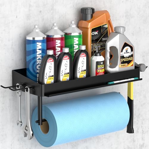 Taozun Garage Paper Towel Holder, Wall Mount Shelf, Shop Towel Holder, One-Hand Tear, Paper Towel Holder Wall Mount with 4 Detachable Hooks for Garage Organization and Storage(Black) - style: TH002