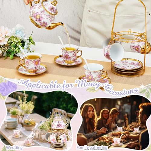 Zhehao 20 Pcs Porcelain Tea Set with Metal Holder and Spoon Adult Ceramic Tea Set European Flower Painting Teapot Cup Saucer Spoon for Women Mom Gift, Large Version (Purple Style) - color: Purple Style