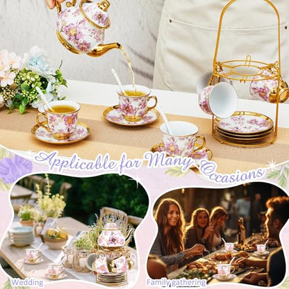 Zhehao 20 Pcs Porcelain Tea Set with Metal Holder and Spoon Adult Ceramic Tea Set European Flower Painting Teapot Cup Saucer Spoon for Women Mom Gift, Large Version (Purple Style) - color: Purple Style
