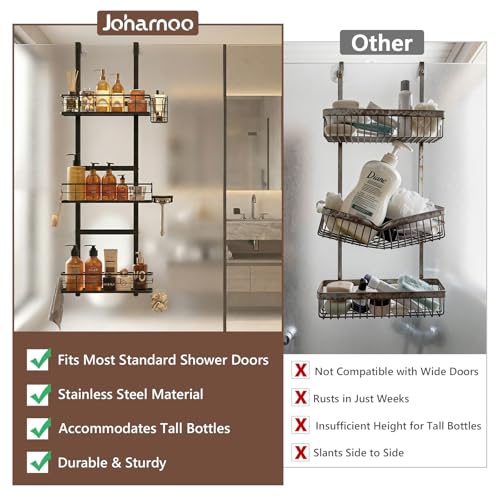 Over The Door Shower Caddy, 304 Stainless Steel Organizer, Black | Hanging Bathroom, Pantry & Kitchen Storage Rack. No Drilling With 3 Adjustable Shelves, 14 Hooks