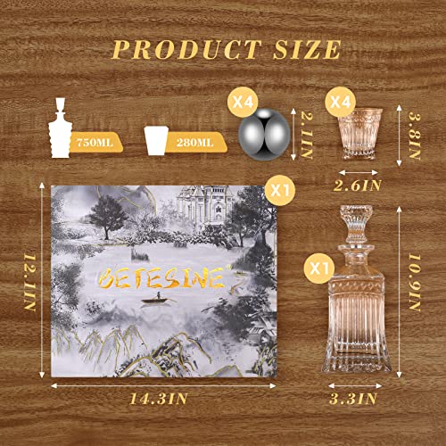 BETESINE Whiskey Decanter Set with 4 Glasses and 4 Steel Chilling Balls | 500ml Lead-Free Crystal Gift Set for Bourbon, Scotch, Whiskey and Rum