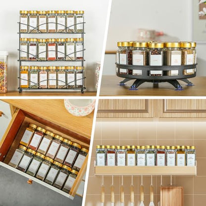 Gold Spice Jars with Label，4oz Seasoning Containers, Glass Spice Bottles with Shaker Lids,Funnel, Chalk Pen for Cabinet，Drawer，Rack(24)